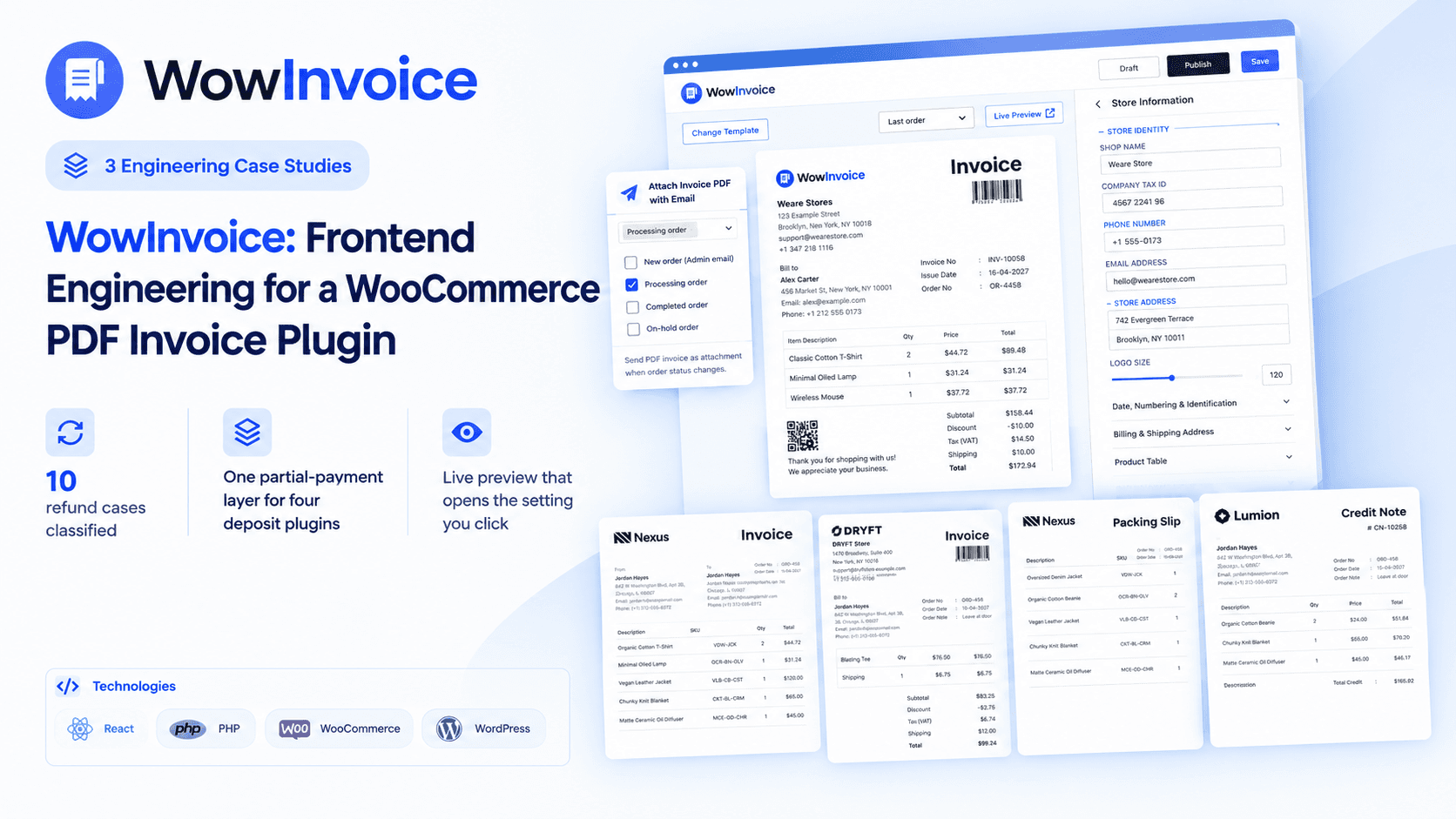 Cover image for the case study "WowInvoice: Frontend Engineering for a WooCommerce PDF Invoice Plugin - 3 Case Studies"