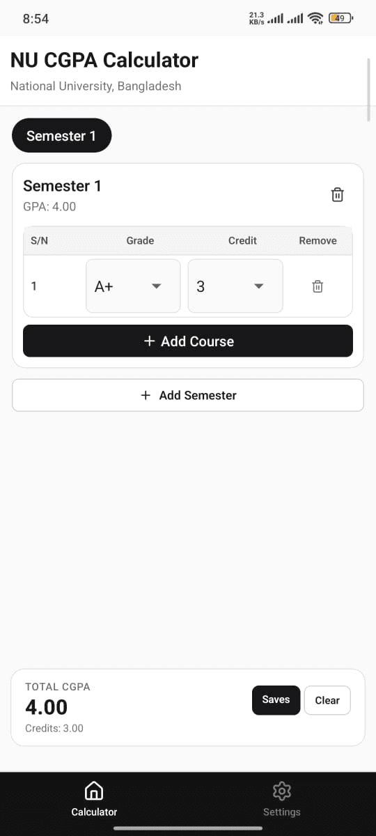NU CGPA Calculator Screenshot 2