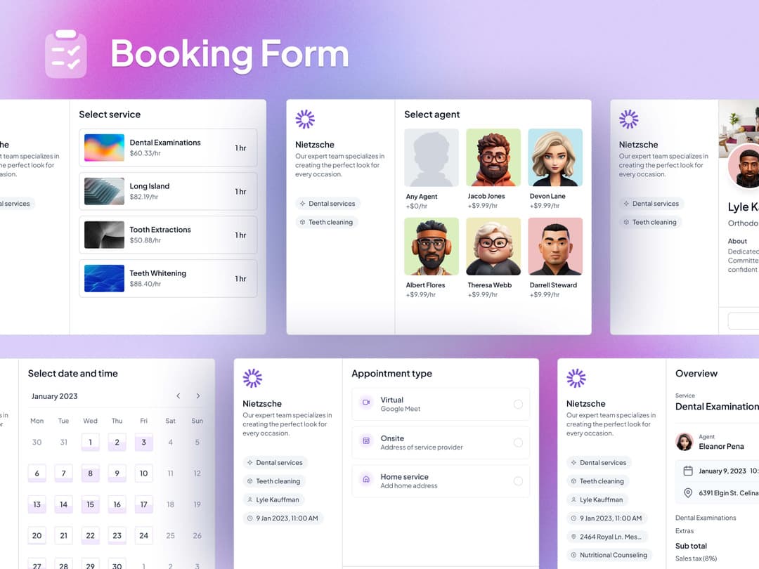 PreBook booking form with service selection, agent picker, and appointment scheduling