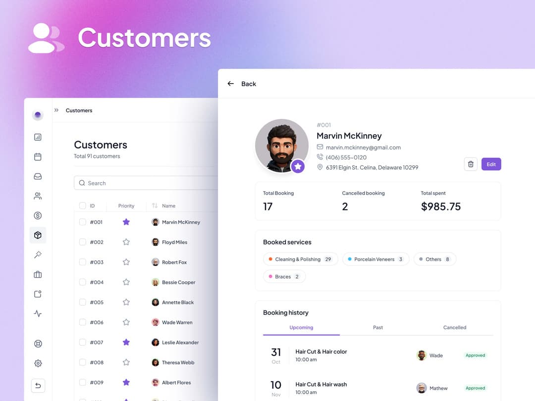 PreBook customer management dashboard showing client profiles and booking history