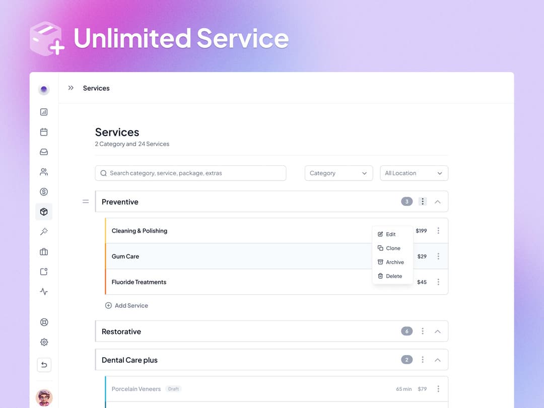 PreBook service management dashboard with preventive and restorative dental services