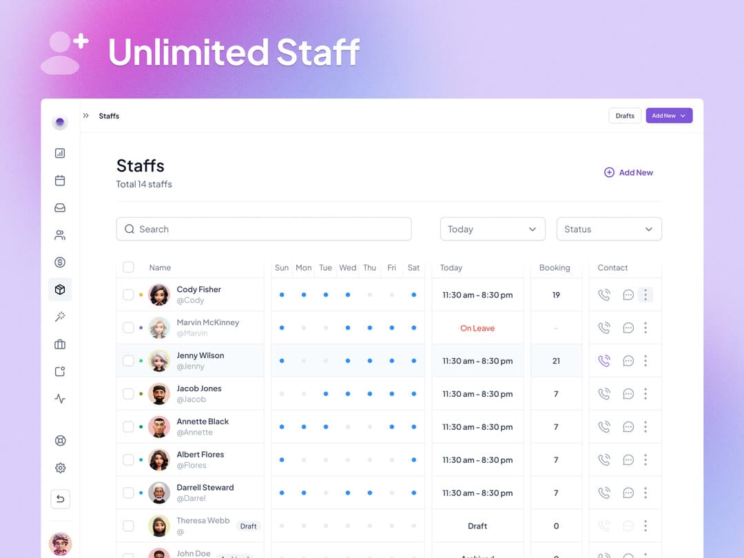 PreBook staff management dashboard with employee scheduling and availability tracking